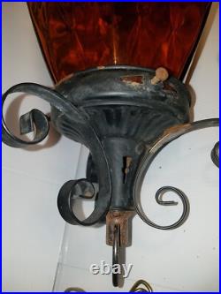 Vintage 22 Spanish Revival Iron & Glass Swag Lamp with Chain MCM