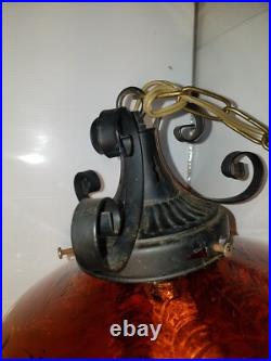 Vintage 22 Spanish Revival Iron & Glass Swag Lamp with Chain MCM