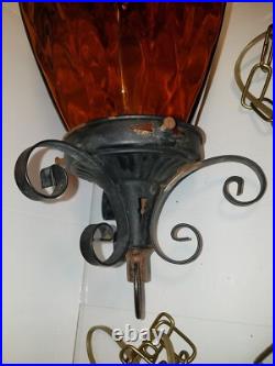 Vintage 22 Spanish Revival Iron & Glass Swag Lamp with Chain MCM