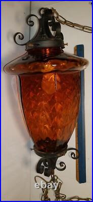 Vintage 22 Spanish Revival Iron & Glass Swag Lamp with Chain MCM