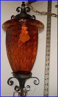 Vintage 22 Spanish Revival Iron & Glass Swag Lamp with Chain MCM