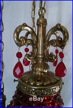 Vintage 3 Globe Pineapple Red Hollywood Regency Hanging Swag Lights Lamp
