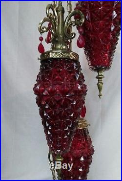 Vintage 3 Globe Pineapple Red Hollywood Regency Hanging Swag Lights Lamp