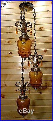 Vintage 3 Globe Swag Hanging Light/Lamp Amber/Orange Crackle Glass Ornate