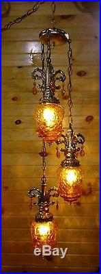 Vintage 3 Globe Swag Hanging Light/Lamp Amber/Orange Crackle Glass Ornate