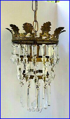 Vintage 3 Level Brass and Crystal Chandelier Hanging Lamp Marked Portugal