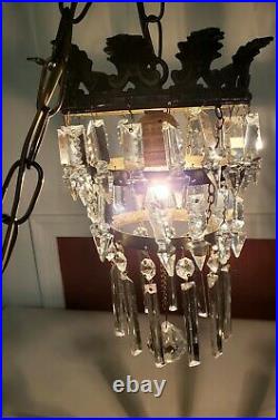 Vintage 3 Level Brass and Crystal Chandelier Hanging Lamp Marked Portugal