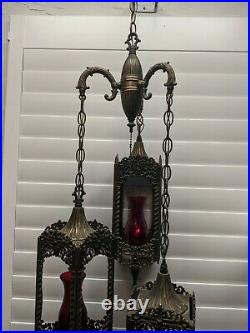 Vintage 3 Light, 3 Tier, Hanging Swag Lamp, Metal Gothic, Medieval, Rare