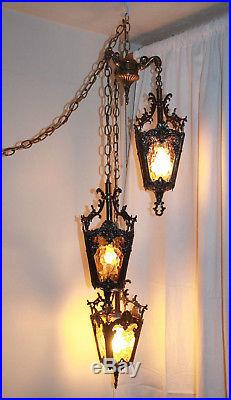 Vintage 3 Tier Hanging Hollywood Regency MCM Gothic Moroccan Amber Swag Lamp