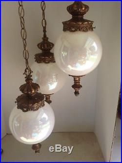 Vintage 3 Tier Hollywood Regency Pearl White Iridescent Swag Hanging Lamp Light