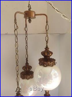 Vintage 3 Tier Hollywood Regency Pearl White Iridescent Swag Hanging Lamp Light