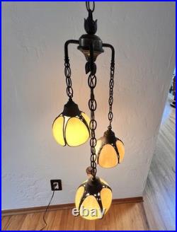 Vintage 3-Tier Light Swag Lamp Alabaster Glass Globe Shades Grape Vine 15' Chain