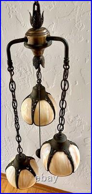 Vintage 3-Tier Light Swag Lamp Alabaster Glass Globe Shades Grape Vine 15' Chain