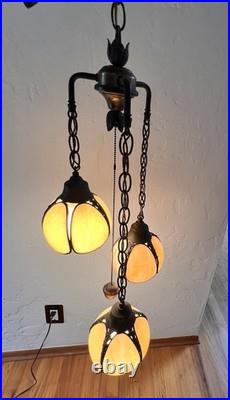 Vintage 3-Tier Light Swag Lamp Alabaster Glass Globe Shades Grape Vine 15' Chain
