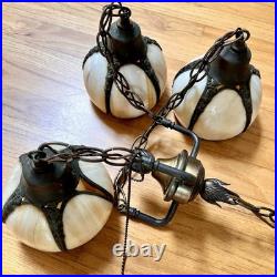 Vintage 3-Tier Light Swag Lamp Alabaster Glass Globe Shades Grape Vine 15' Chain
