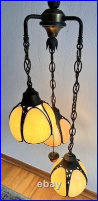 Vintage 3-Tier Light Swag Lamp Alabaster Glass Globe Shades Grape Vine 15' Chain