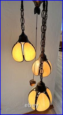Vintage 3-Tier Light Swag Lamp Alabaster Glass Globe Shades Grape Vine 15' Chain