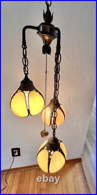 Vintage 3-Tier Light Swag Lamp Alabaster Glass Globe Shades Grape Vine 15' Chain