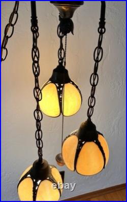 Vintage 3-Tier Light Swag Lamp Alabaster Glass Globe Shades Grape Vine 15' Chain