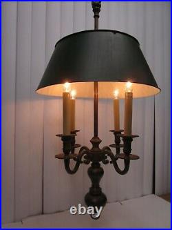 Vintage 4 Brass Bouillotte hanging lamp Revival Colonial tole black shade 36 T