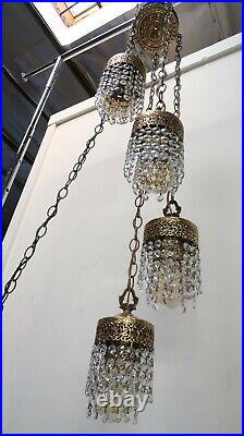 Vintage 5 Swag Hollywood Regency Gold Metal Glass Crystal Hanging Swag Lamp