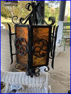 Vintage 60's/70's Amber Glass Wrought Iron Swag Light Fixture Foyer Or Porch
