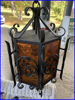Vintage 60's/70's Amber Glass Wrought Iron Swag Light Fixture Foyer Or Porch