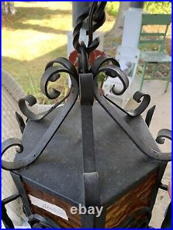 Vintage 60's/70's Amber Glass Wrought Iron Swag Light Fixture Foyer Or Porch