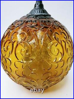 Vintage 60's-70's Swag Hanging Amber Round Glass Globe Light/Lamp W Design 9Dia