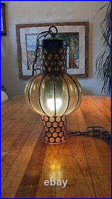 Vintage 60's Mid Century Amber Acorn bubble Glass Swag Hanging Light Lamp