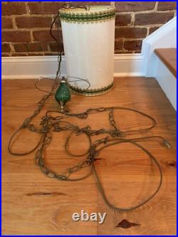 Vintage 60s/70s MCM Pendant Style Acacado Green Drum Style Swag Light Glass Base