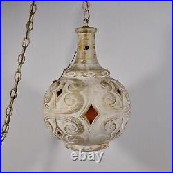 Vintage 60s Ceramic Pendant Hanging Light Fixture, Boho Swag Lamp, Cream/Gold