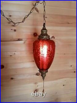 Vintage 60s Crackle Glass Swag Light Ruby Red Lamp