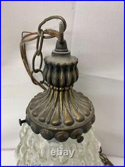 Vintage 60s Cut Glass Textured and Brass Boho 12 Hanging Chain Lamp Light TF