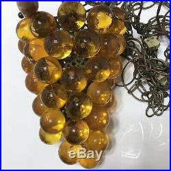 Vintage 60s Lucite Acrylic Amber Grape Cluster Hanging Lamp Light Driftwood Swag