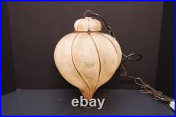 Vintage 60s MCM Bubble Amber Glass Swag Lamp Frosted Caged Pendant Light Murano