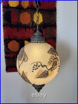 Vintage 60s MCM LARGE Leaf Pattern Globe Hanging Swag Lamp Chain Mid Century