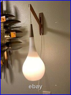 Vintage 60s Mid Century Danish Teak Modern Hanging Glass Wall Sconce Lamp Light