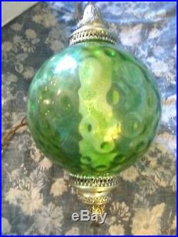 Vintage 60s Mid Century Modern Avocado Green Glass UFO Swag Hanging Lamp Light