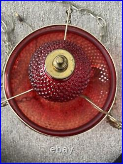 Vintage 60s Swag Light Ruby Red Hanging Hobnail Shade Lamp MCM READ