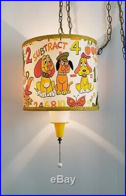 Vintage 70's Hanging Lamp Light Swag Retro Childs Room Math Dogs Flowers Bunny