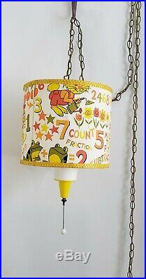 Vintage 70's Hanging Lamp Light Swag Retro Childs Room Math Dogs Flowers Bunny