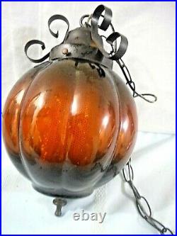 Vintage 70's MCM copper orange Glass Globe Hanging Swag Lamp Light Metal Chain