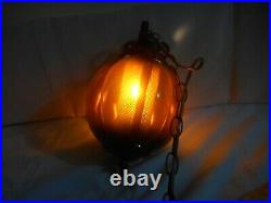 Vintage 70's MCM copper orange Glass Globe Hanging Swag Lamp Light Metal Chain