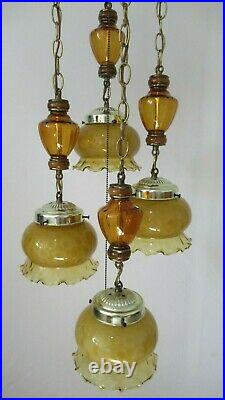 Vintage 70's MID Century Swag Hanging Caramel & Amber Glass 4 Pendant Lamp