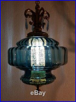 Vintage 70's Solid Blue Optic Blown Glass & Prism Hanging Swag Lamp
