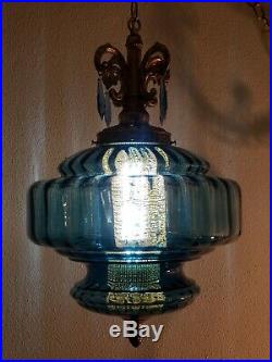 Vintage 70's Solid Blue Optic Blown Glass & Prism Hanging Swag Lamp