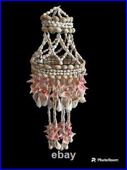 Vintage 70s Ivory & Peach 2 Seashell Beaded Hanging Tiered Chandelier Coastal