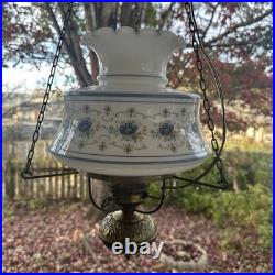 Vintage 70s Quoizel Abigail Adams Blue Floral Hanging Swag Chandelier Lamp