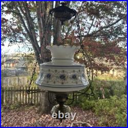 Vintage 70s Quoizel Abigail Adams Blue Floral Hanging Swag Chandelier Lamp